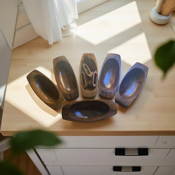 Vintage 6 Wooden Salad Bowl Set with 6 Napkin Rings Midcentury Oblong Bowls - Picture 8 of 11